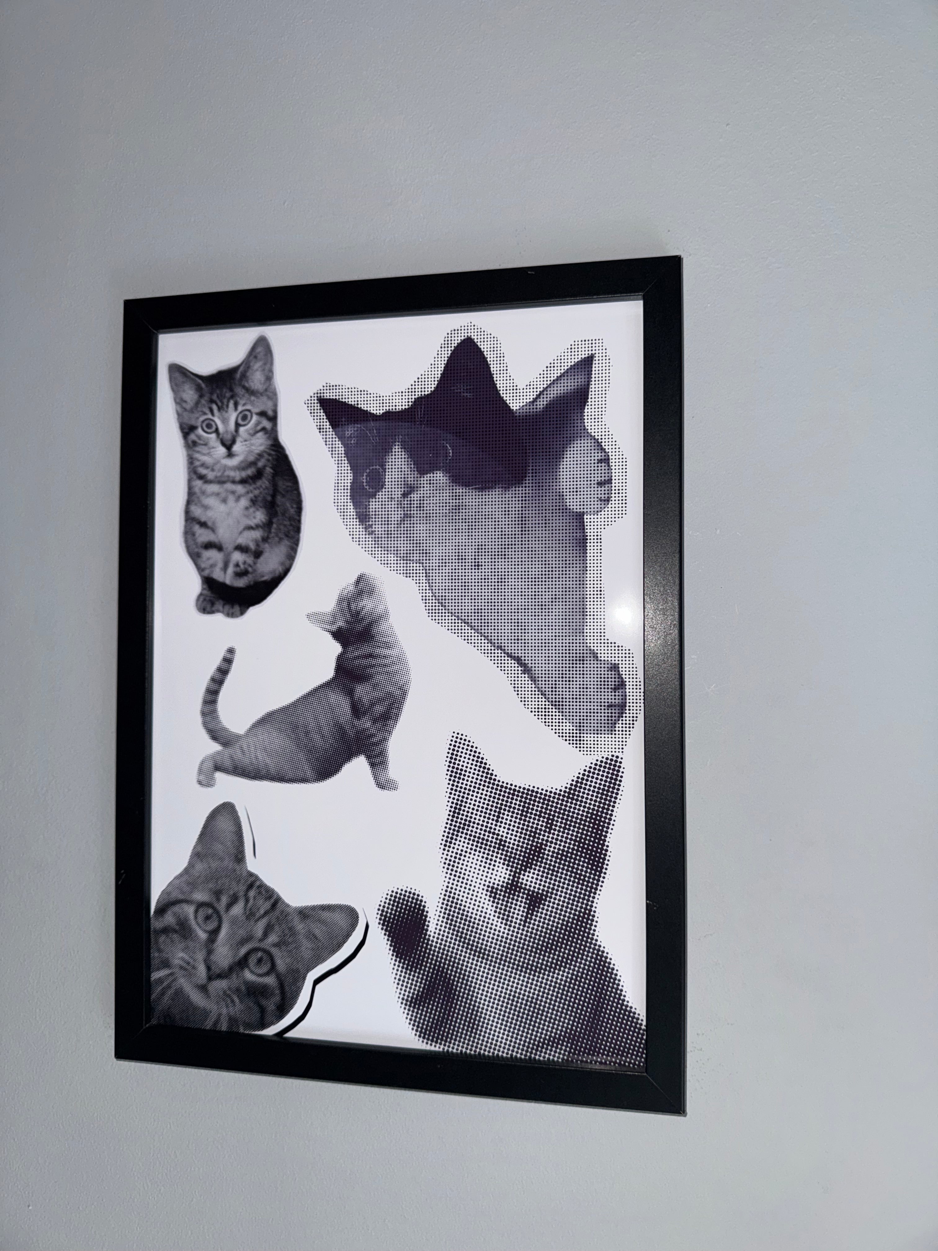 Cats Cats Cats | Monochrome | Minimalistic - Black & Grey | Textured Style Background - A4 Print