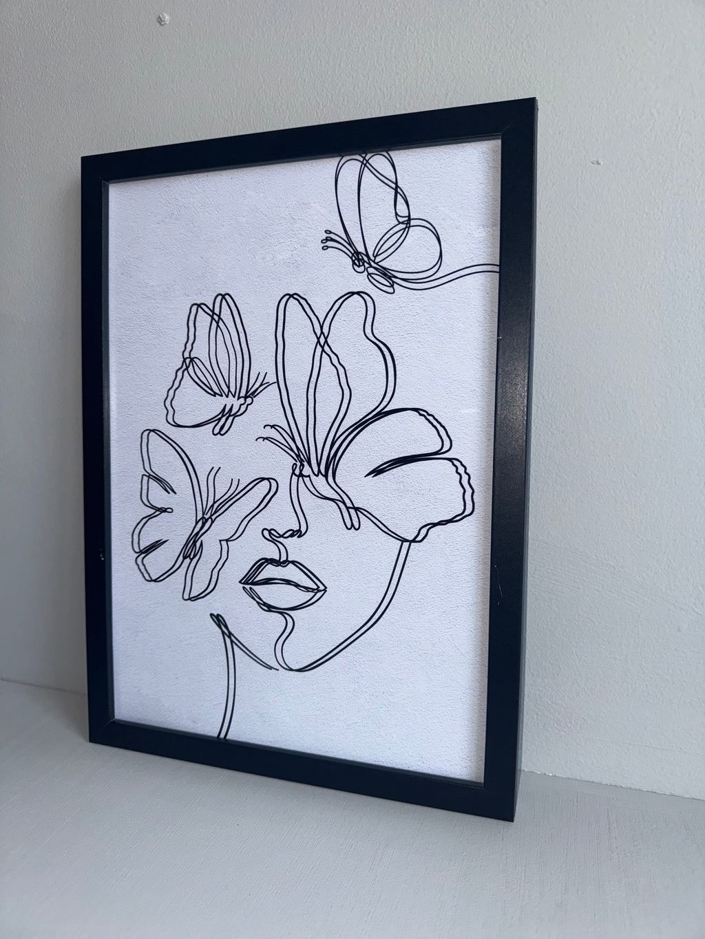 Line Art - Butterflies over face | Minimalistic - Black & Grey | Textured Style Background - A4 Print