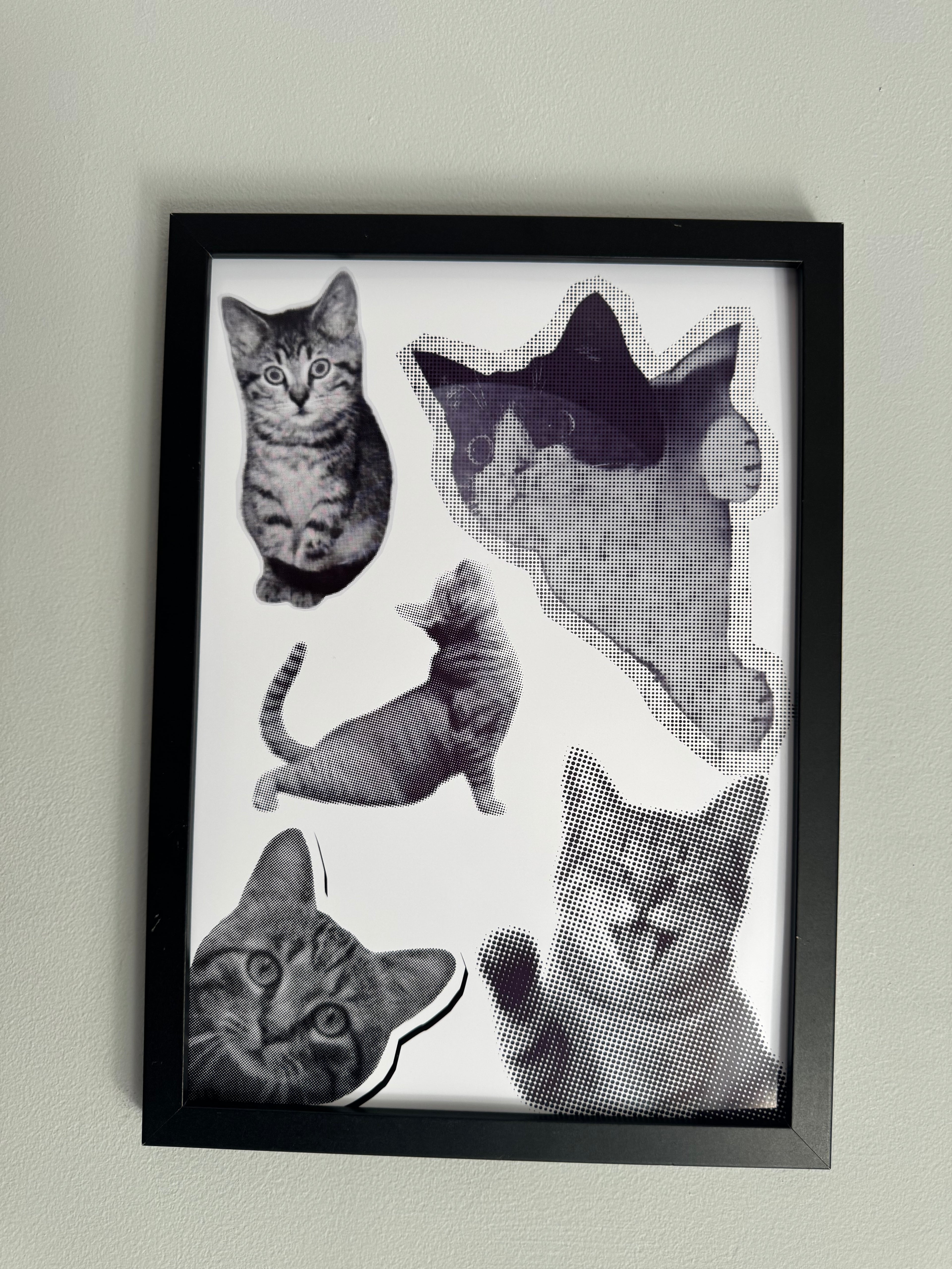 Cats Cats Cats | Monochrome | Minimalistic - Black & Grey | Textured Style Background - A4 Print