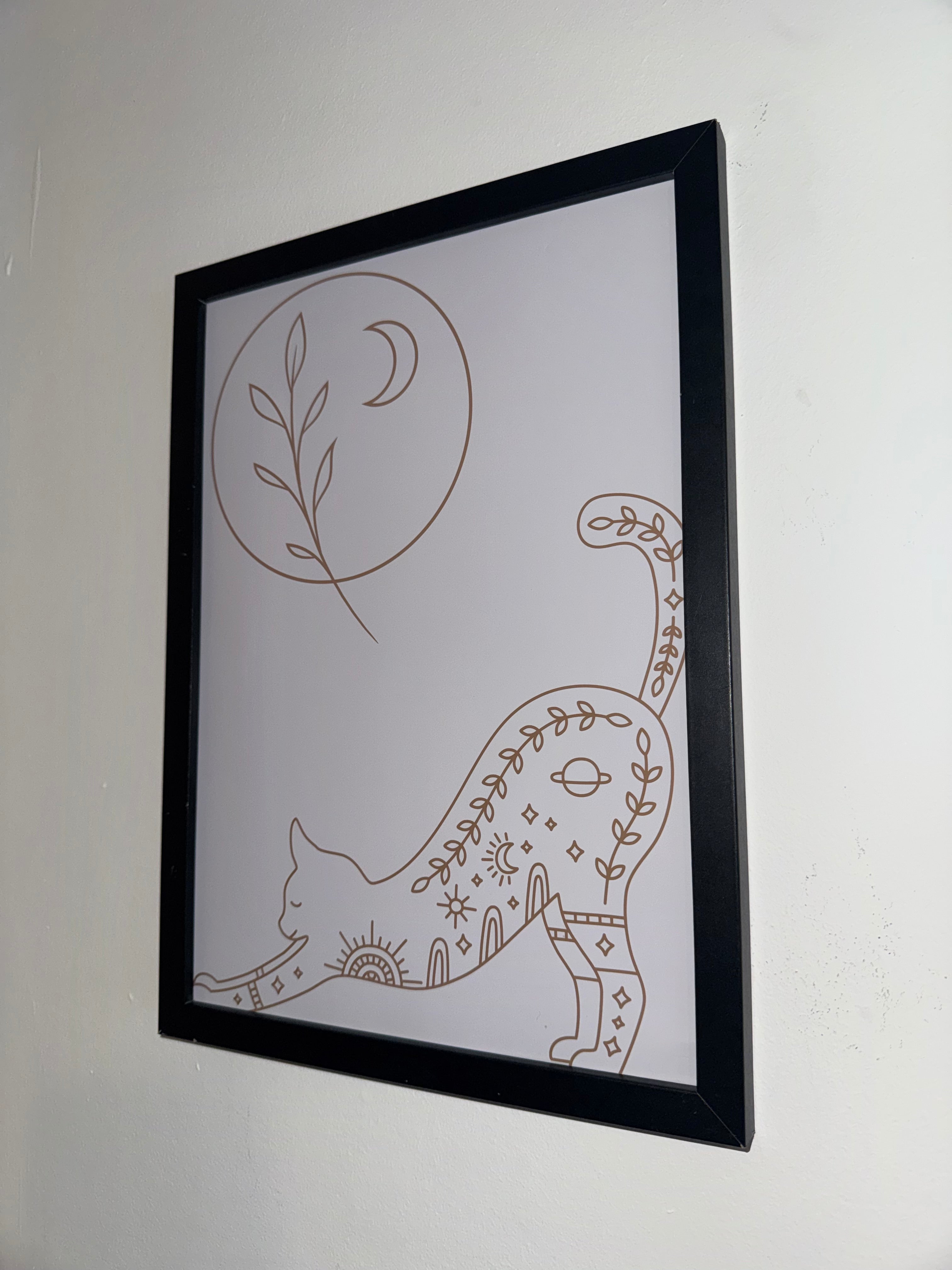 The Cat & The Moon | A4 Print | Framed or Unframed | Brown & Off White