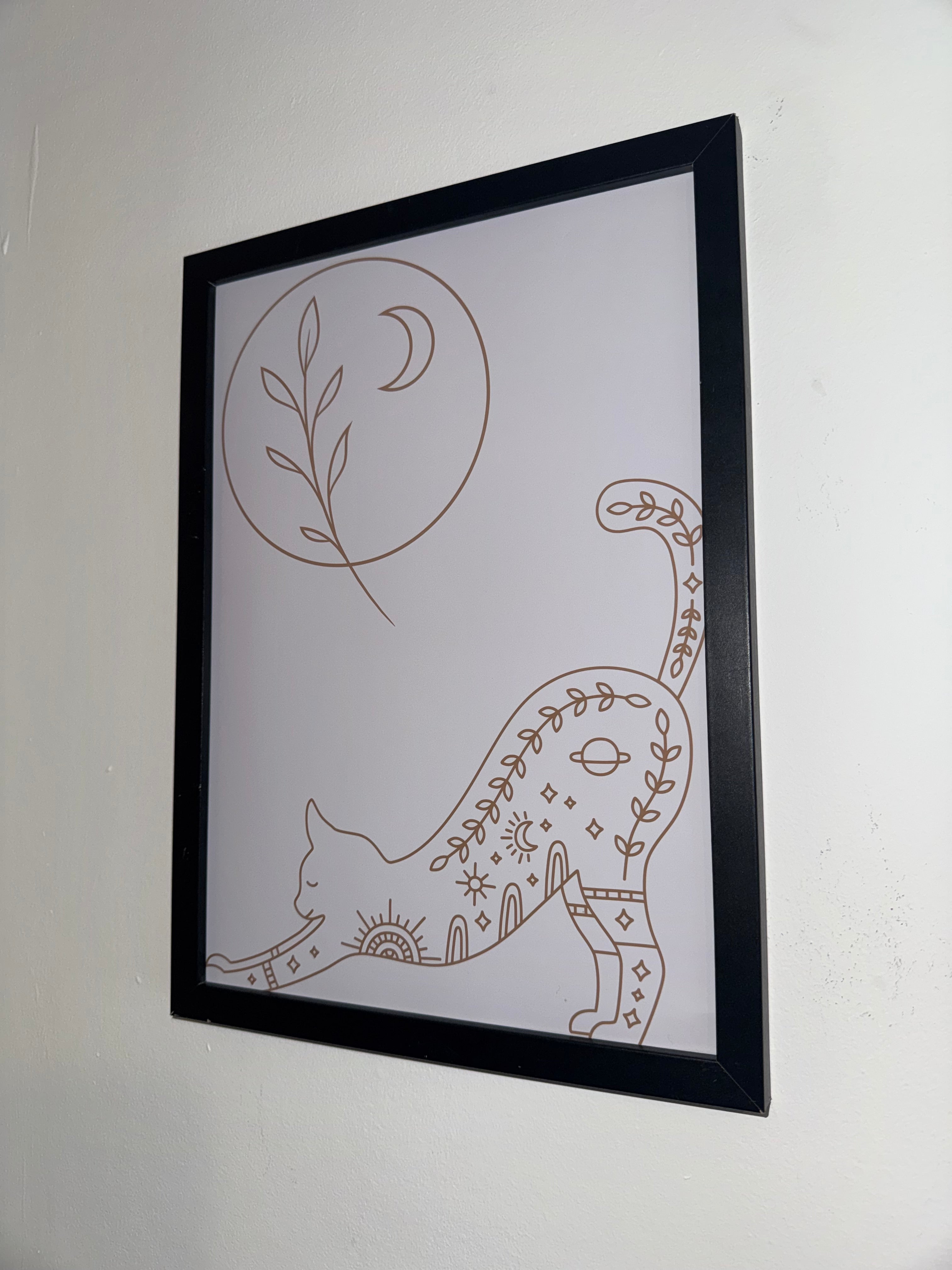 The Cat & The Moon | A4 Print | Framed or Unframed | Brown & Off White