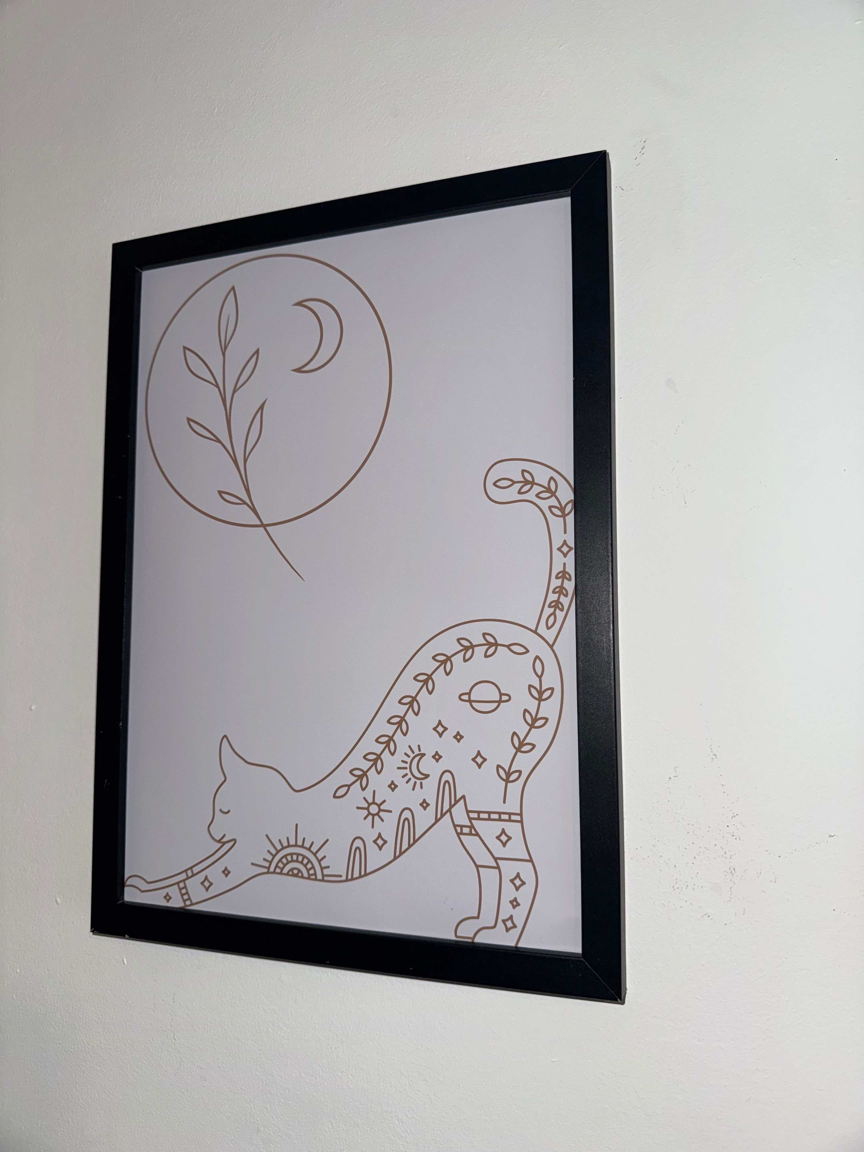The Cat & The Moon | A4 Print | Framed or Unframed | Brown & Off White