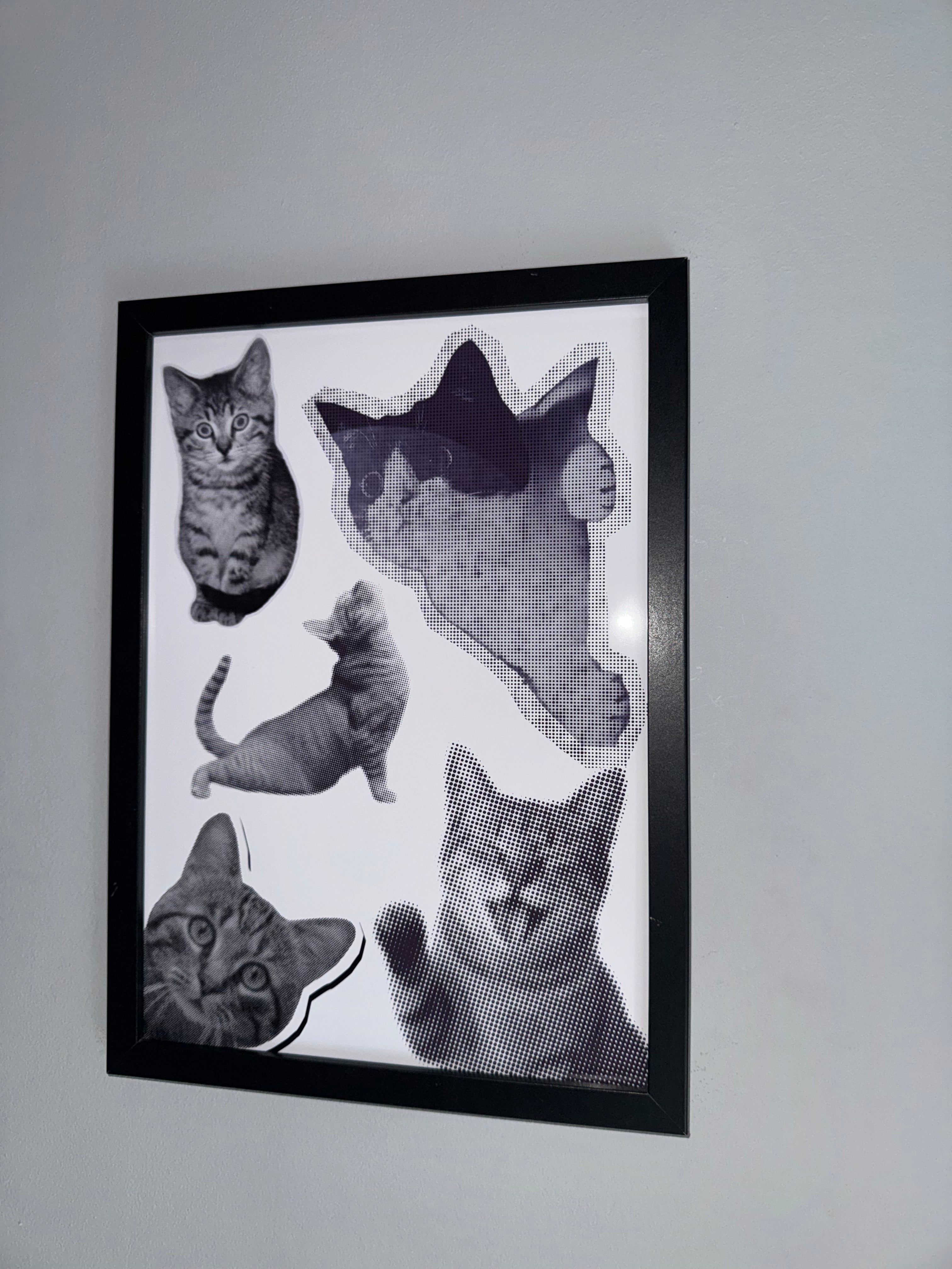 Cats Cats Cats | Monochrome | Minimalistic - Black & Grey | Textured Style Background - A4 Print