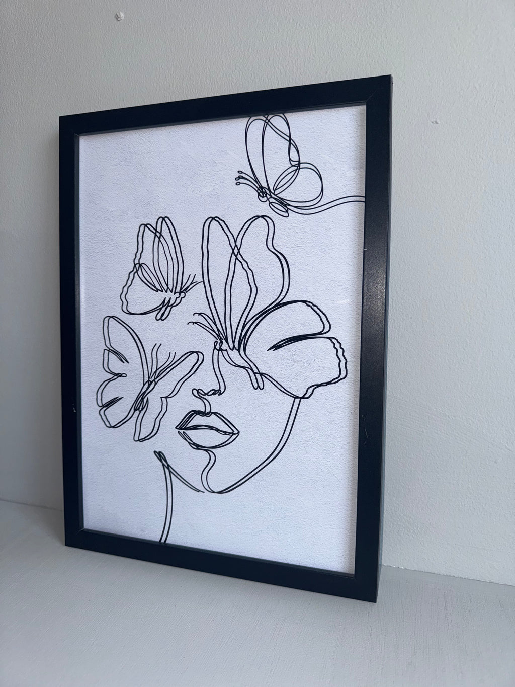 Line Art - Butterflies over face | Minimalistic - Black & Grey | Textured Style Background - A4 Print