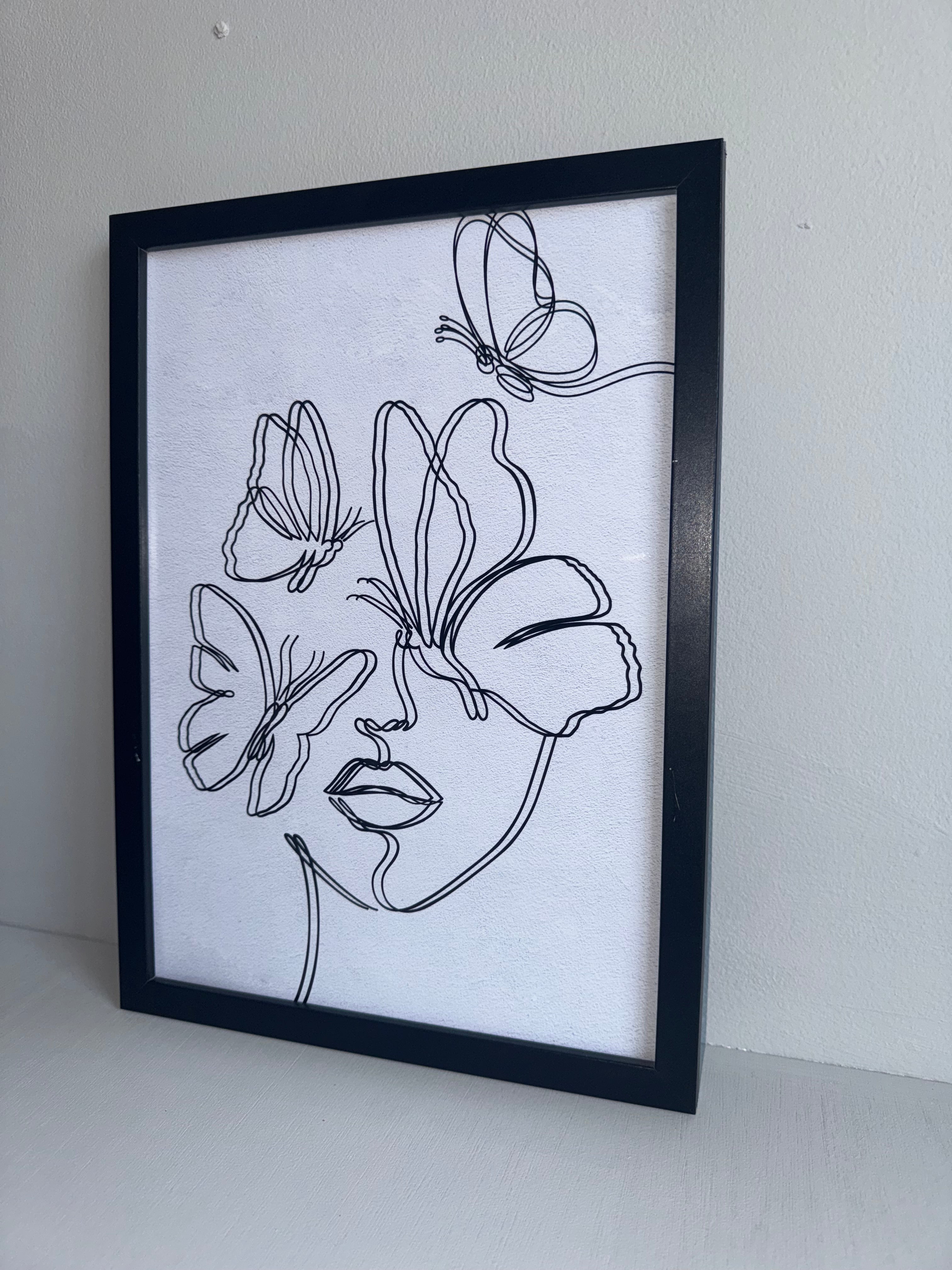 Line Art - Butterflies over face | Minimalistic - Black & Grey | Textured Style Background - A4 Print