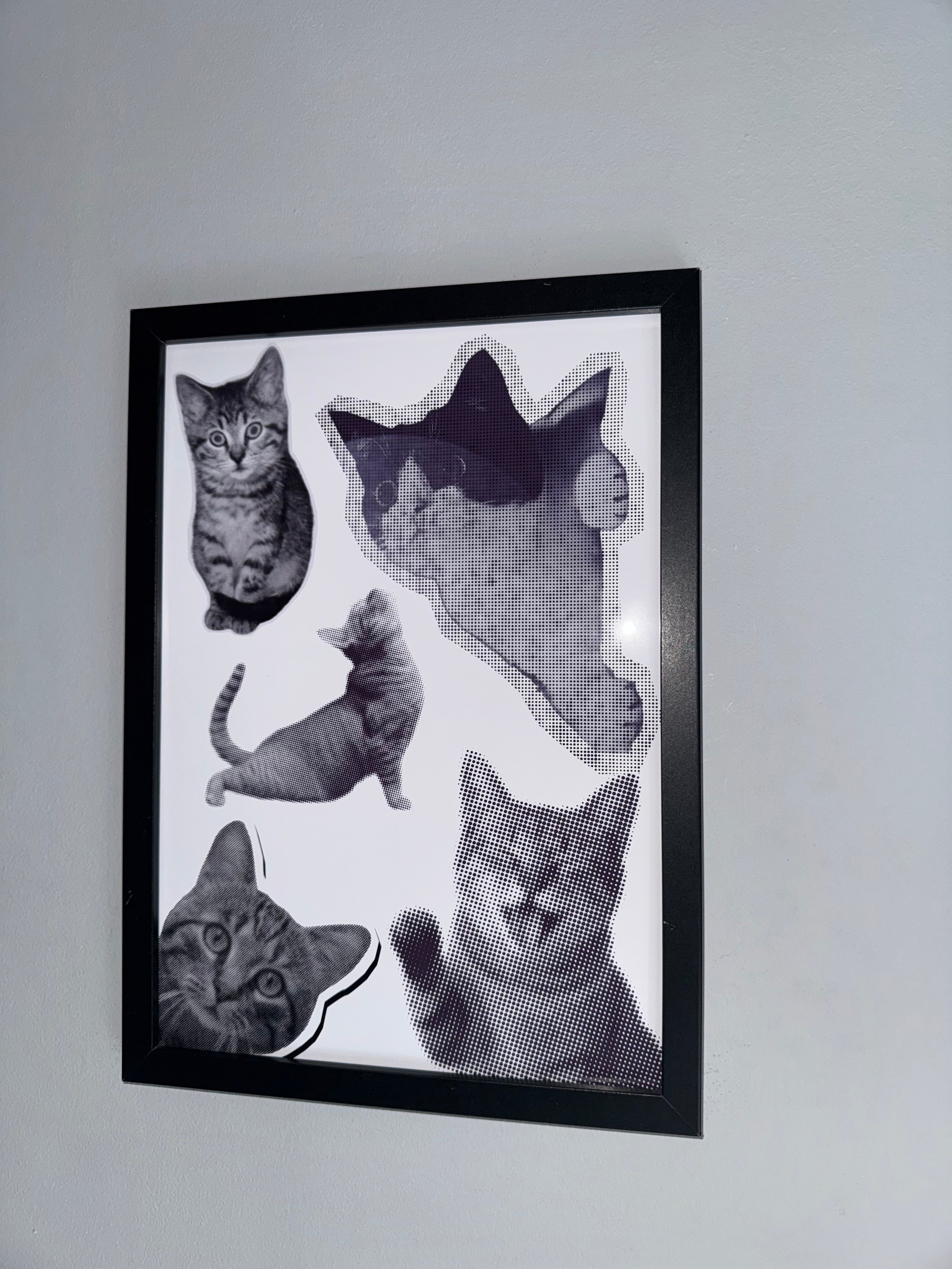 Cats Cats Cats | Monochrome | Minimalistic - Black & Grey | Textured Style Background - A4 Print