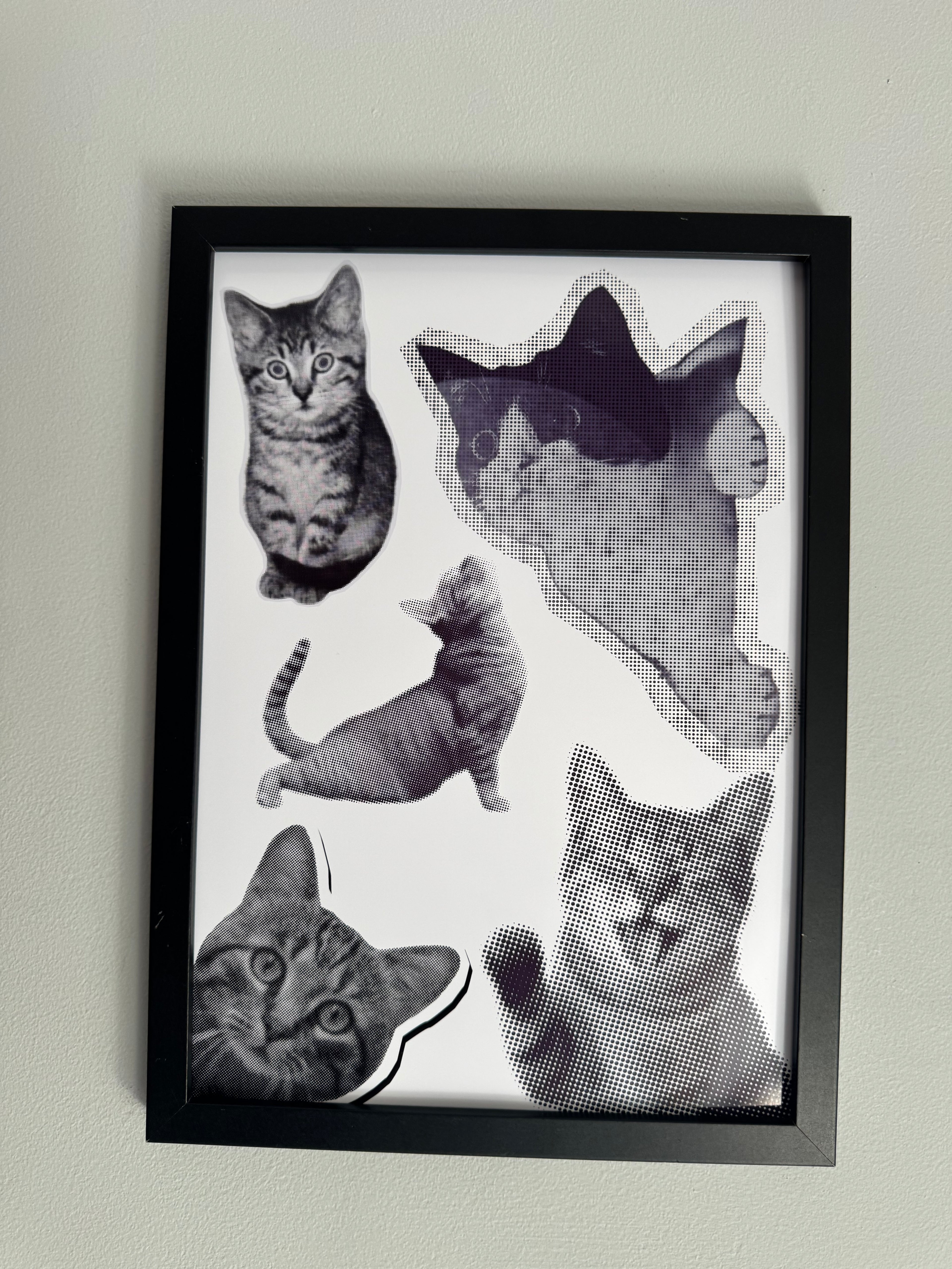 Cats Cats Cats | Monochrome | Minimalistic - Black & Grey | Textured Style Background - A4 Print