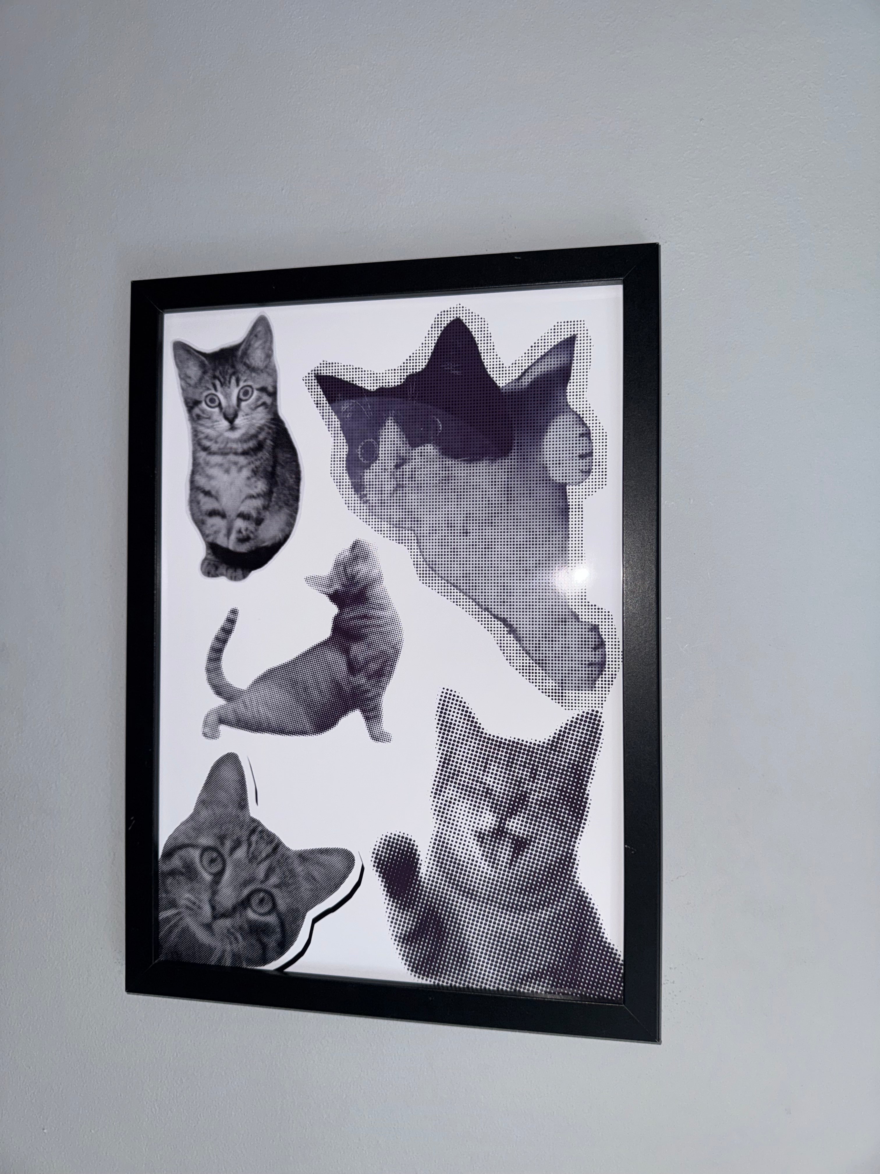 Cats Cats Cats | Monochrome | Minimalistic - Black & Grey | Textured Style Background - A4 Print
