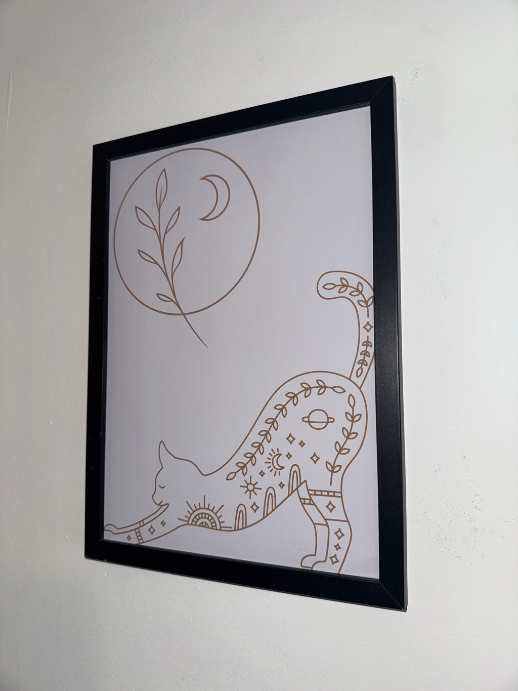 The Cat & The Moon | A4 Print | Framed or Unframed | Brown & Off White