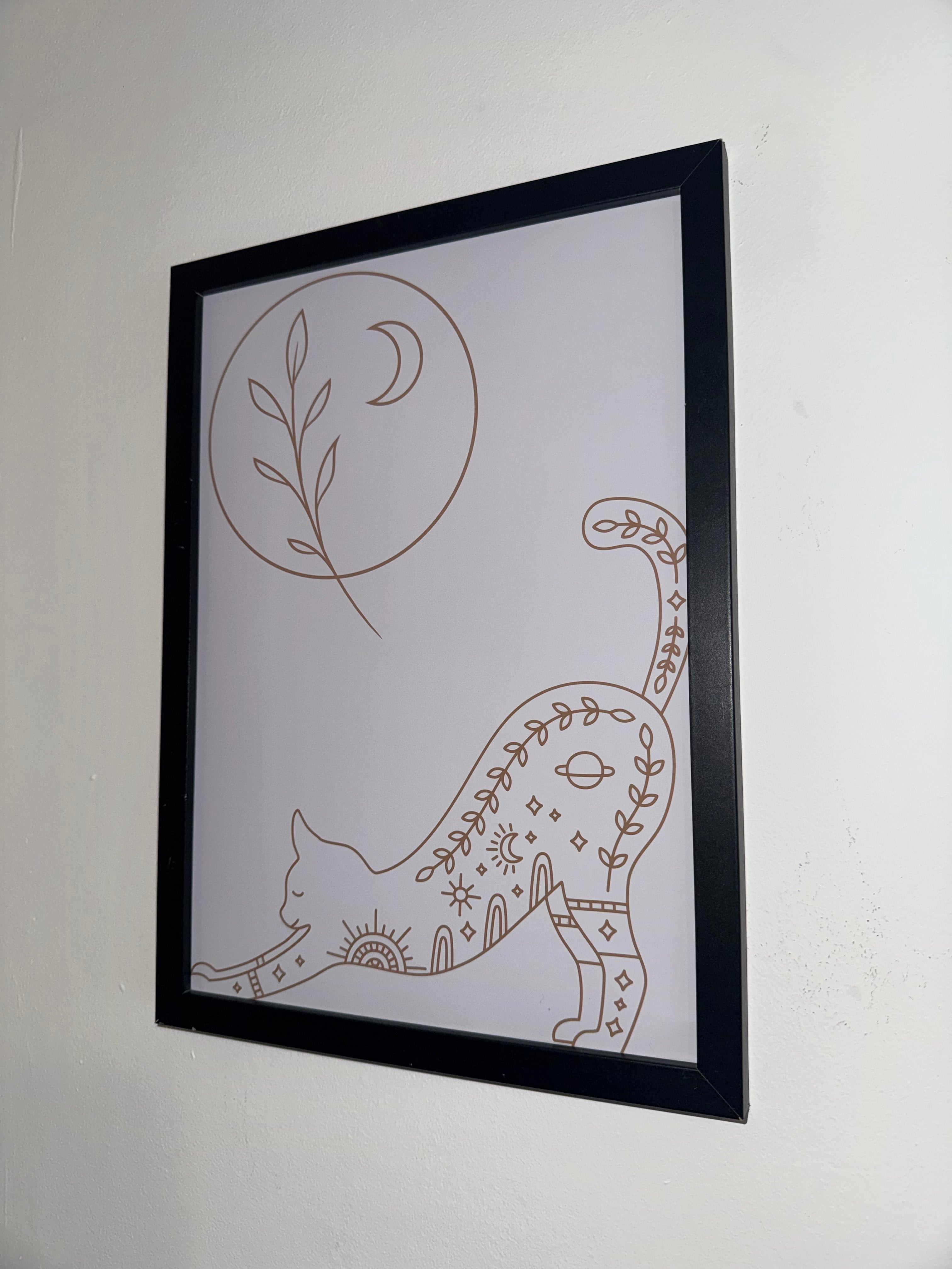 The Cat & The Moon | A4 Print | Framed or Unframed | Brown & Off White