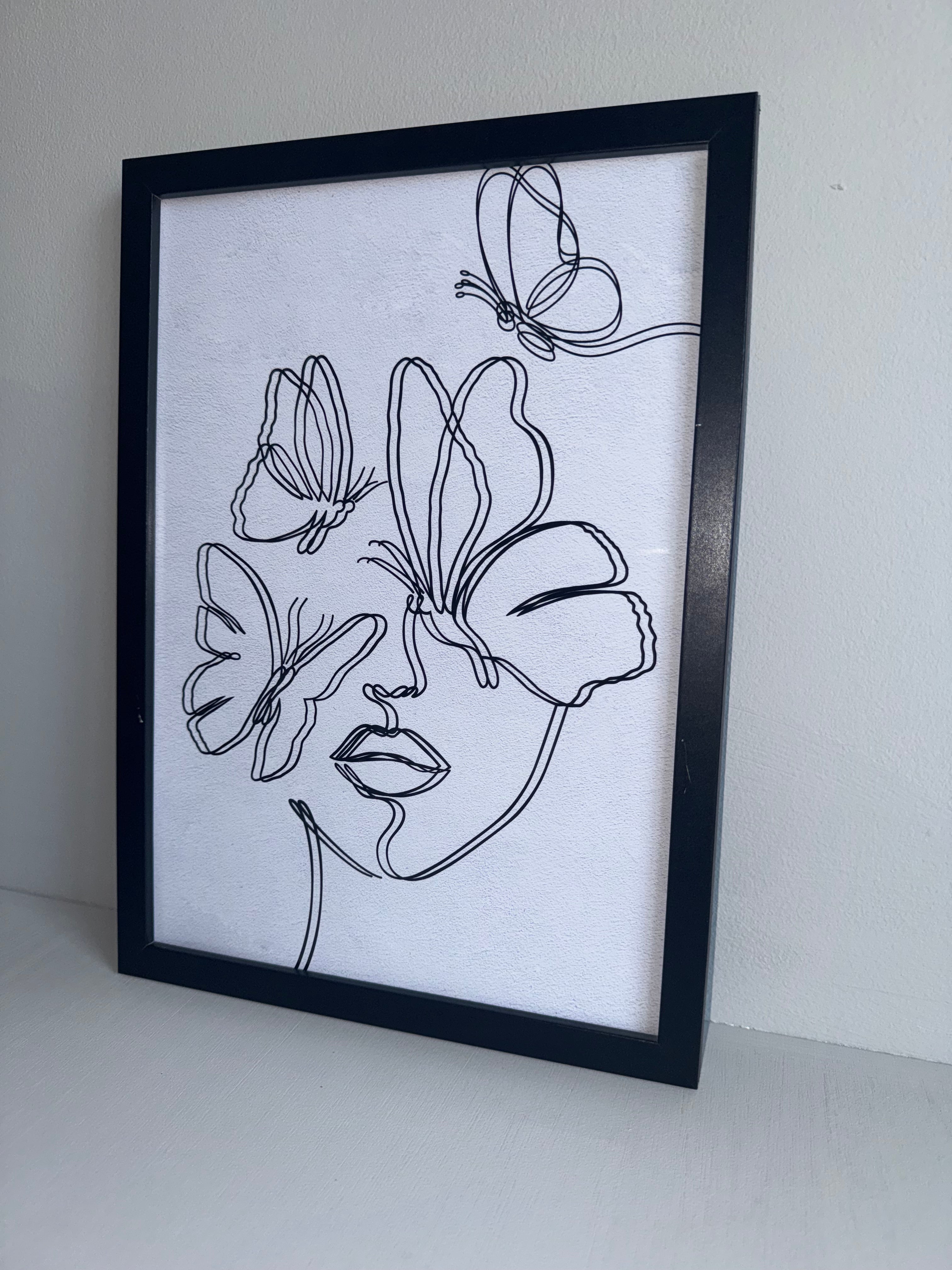 Line Art - Butterflies over face | Minimalistic - Black & Grey | Textured Style Background - A4 Print