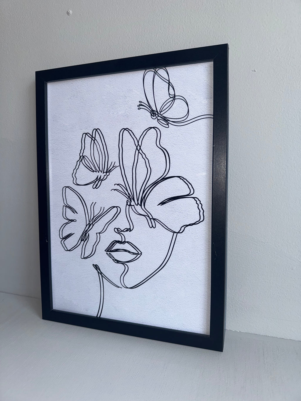 Line Art - Butterflies over face | Minimalistic - Black & Grey | Textured Style Background - A4 Print