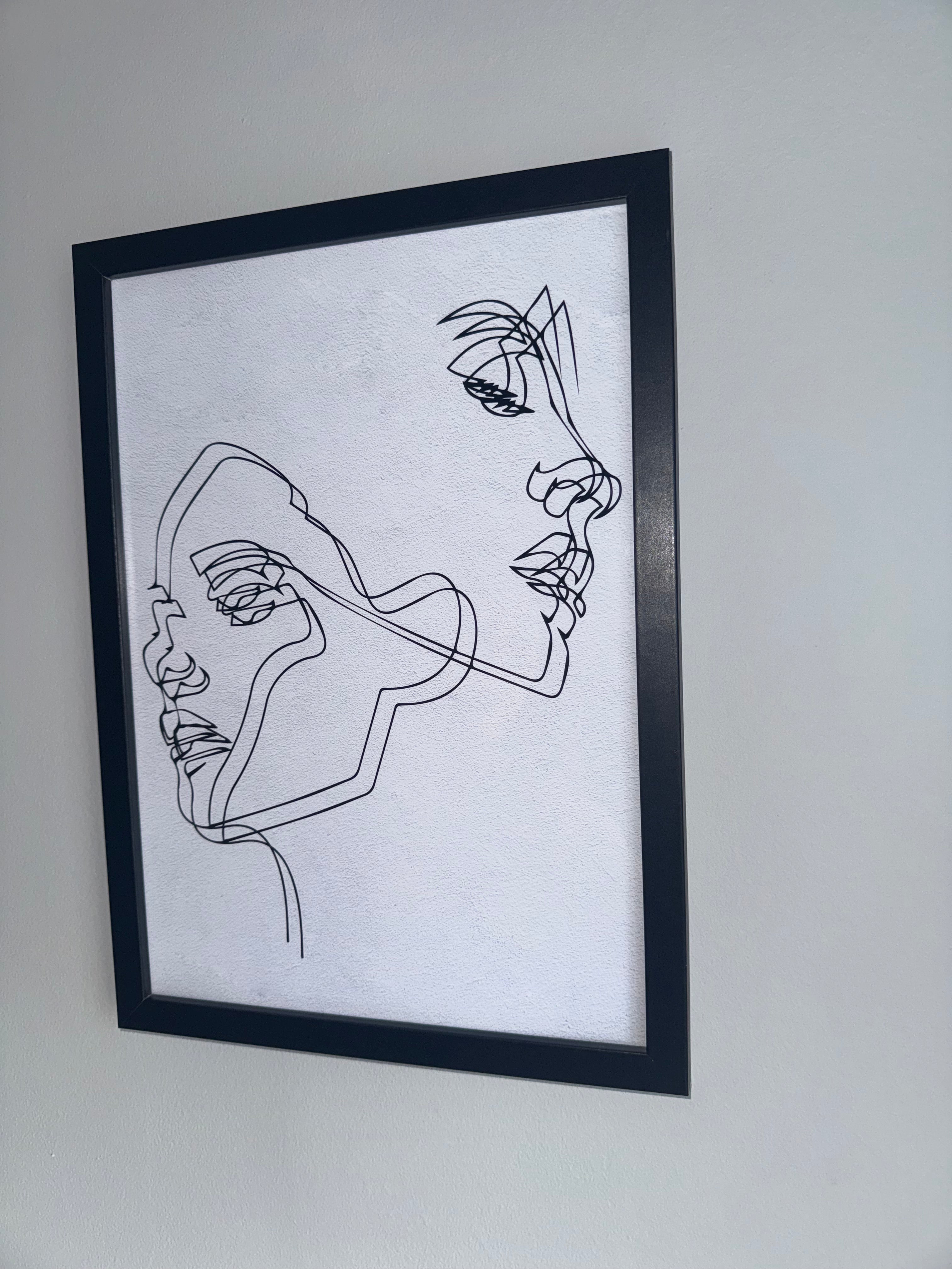 Line Art - Faces | Minimalistic - Black & Grey | Textured Style Background - A4 Print